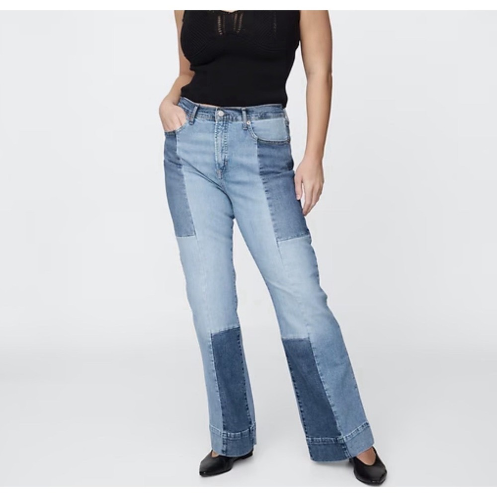 Gap Jeans Highrise 70's Flare Patchwork Sz 34/18R Stretch Two Tone Denim Boho